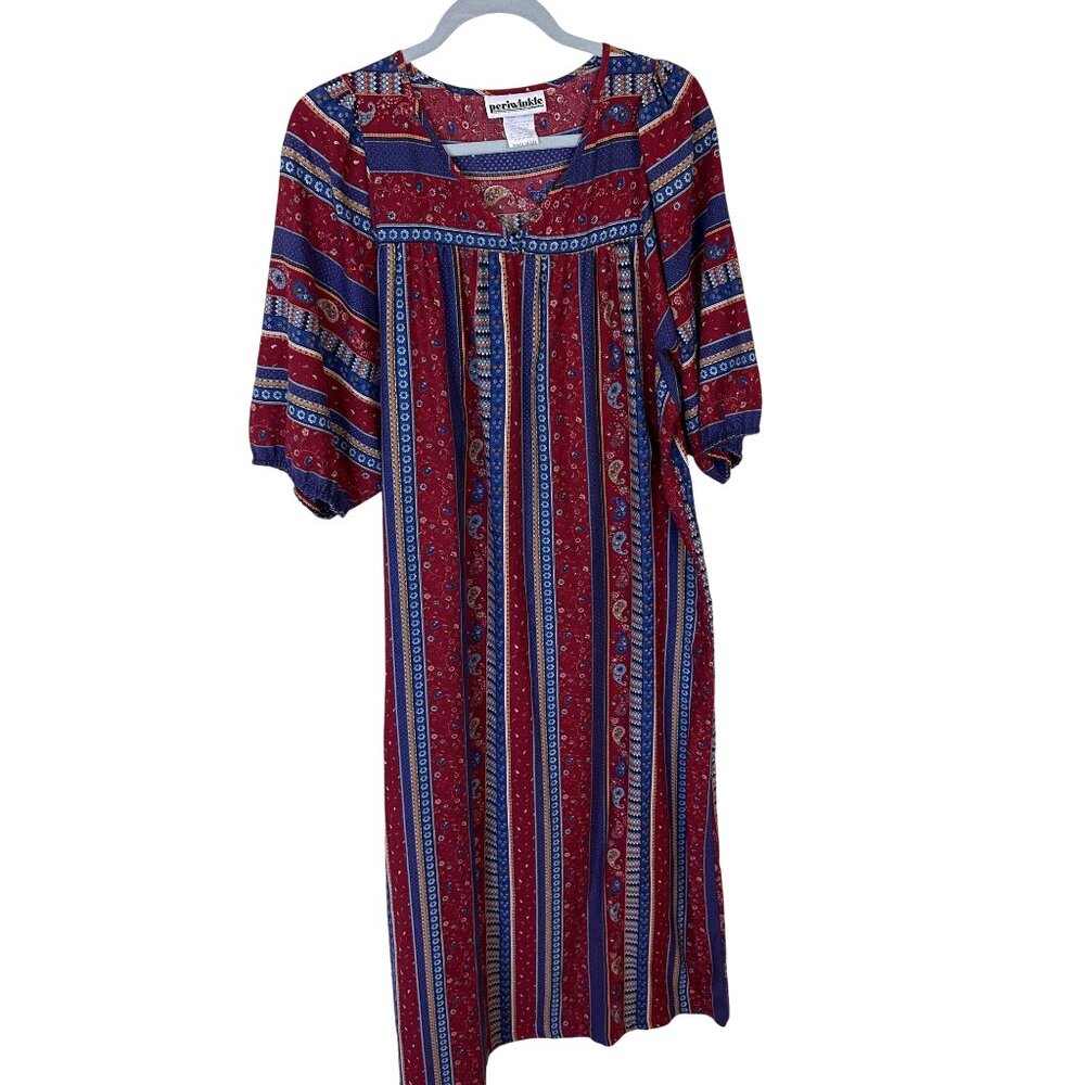Vtg Womens Housedress MuMu Striped Floral Maxi Dress Red Blue Medium USA